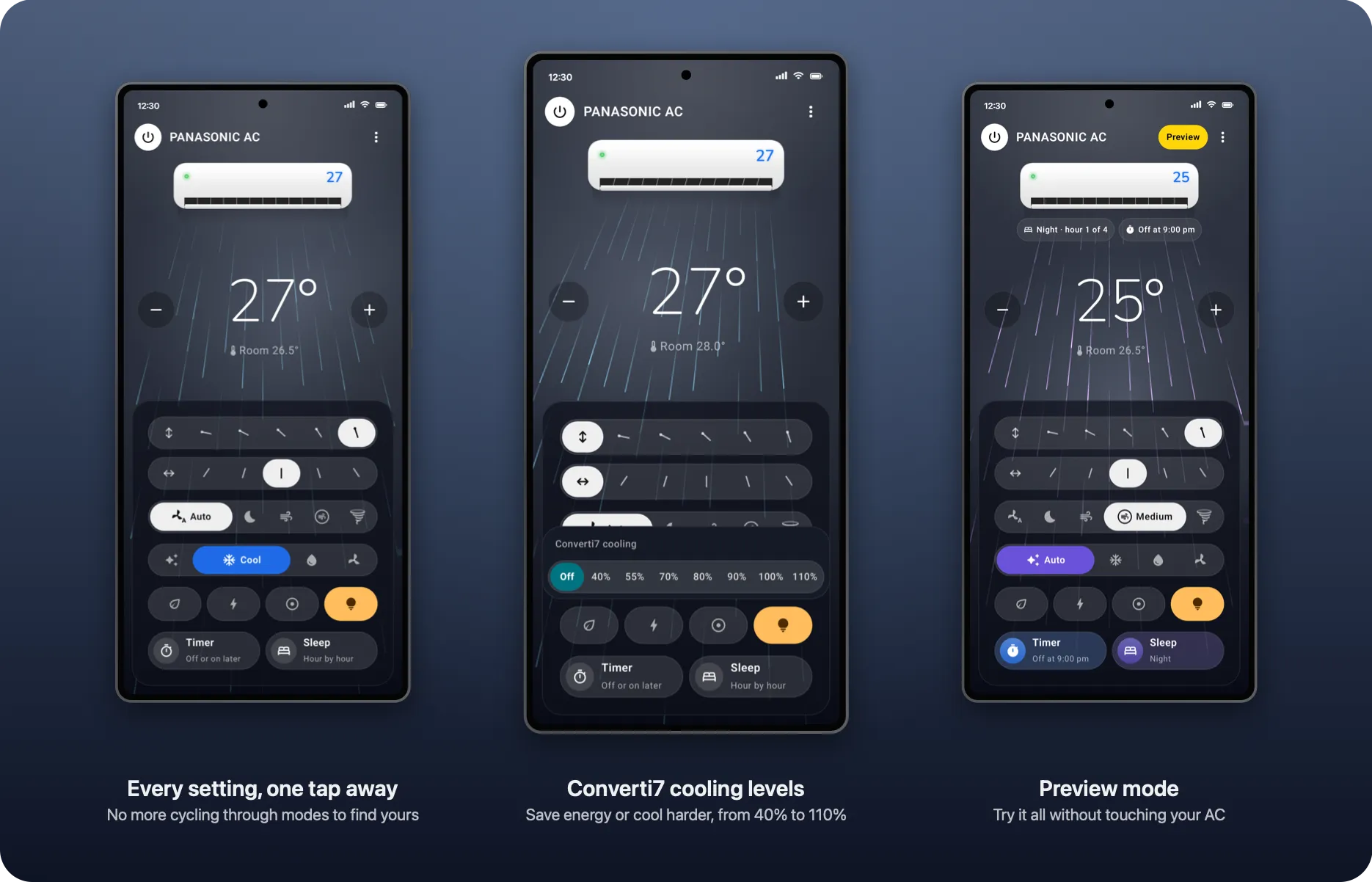 Three Android screens: Cool mode with every setting one tap away, the Converti7 cooling levels in a strip above their button, and Preview Mode in Auto with a sleep profile and an off timer shown under the AC
