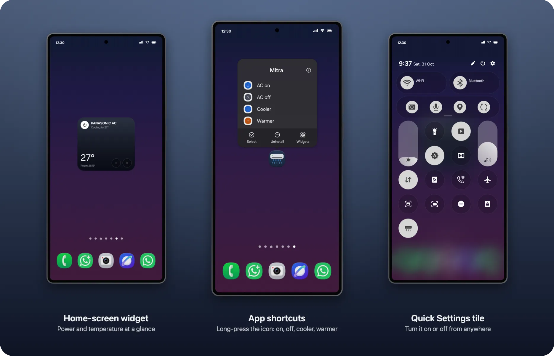 Mitra on the Android home screen: the widget with power, temperature and minus and plus, the app shortcuts for AC on, AC off, Cooler and Warmer, and the AC tile in Quick Settings