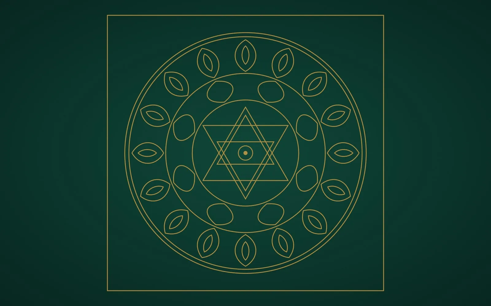A fine gold line drawing of a yantra — square frame, lotus rings and interlocking triangles — on a deep emerald background.