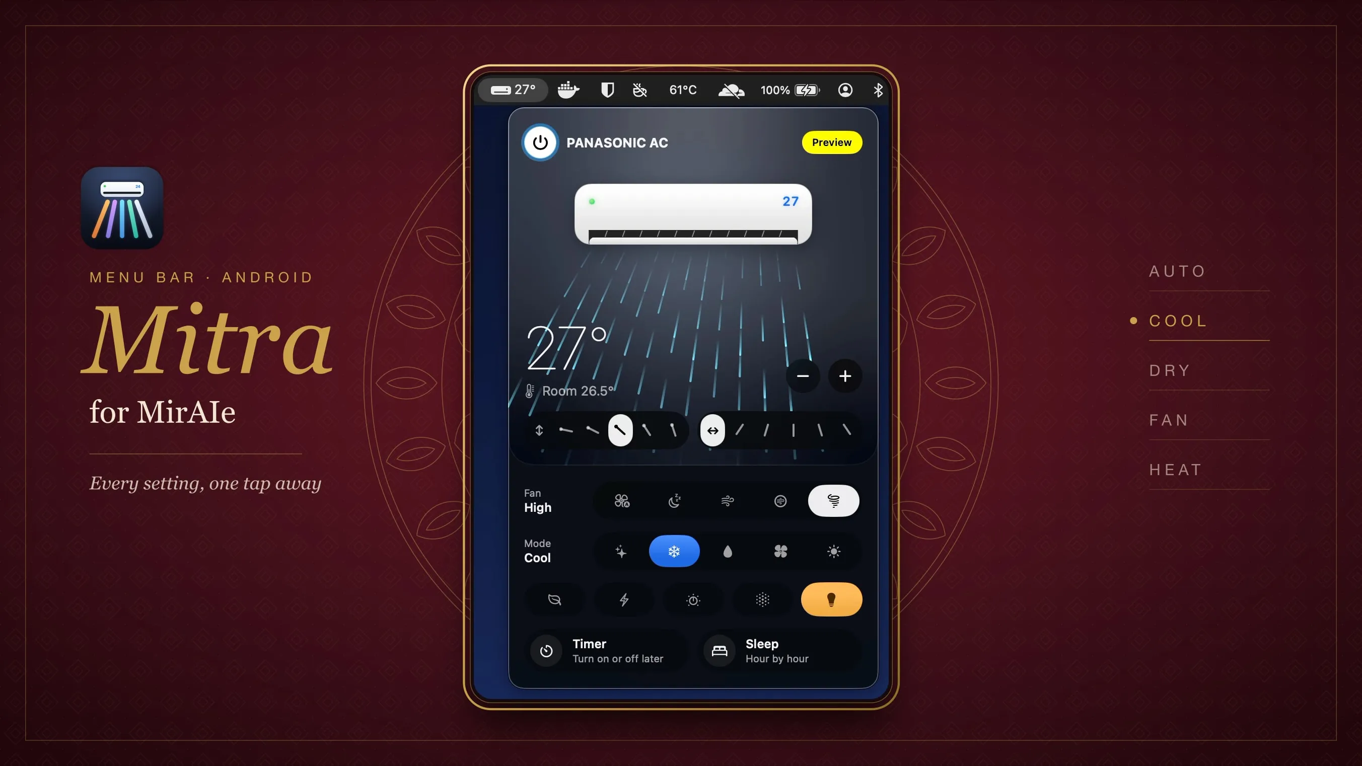 The Mitra app icon beside the Mitra panel open under the macOS menu bar in Cool mode, blue air flowing from the drawn AC and Timer and Sleep buttons below, set in a gold frame on oxblood with a lotus outline behind it.