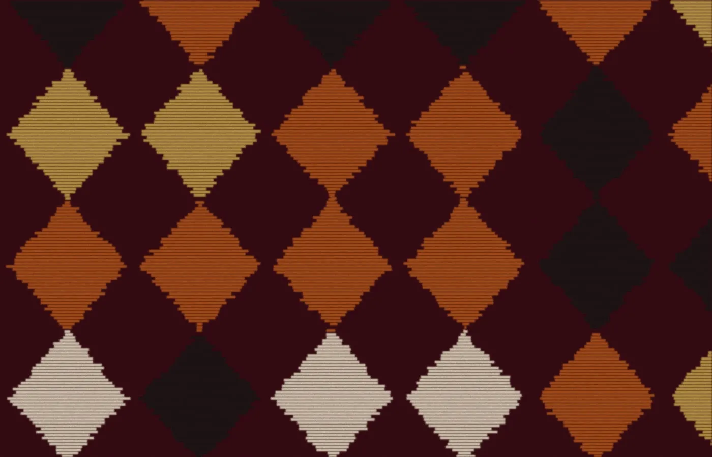 Rows of stacked diamonds in rust, cream, mustard and black on a deep wine ground, each diamond built from slightly misaligned horizontal threads.