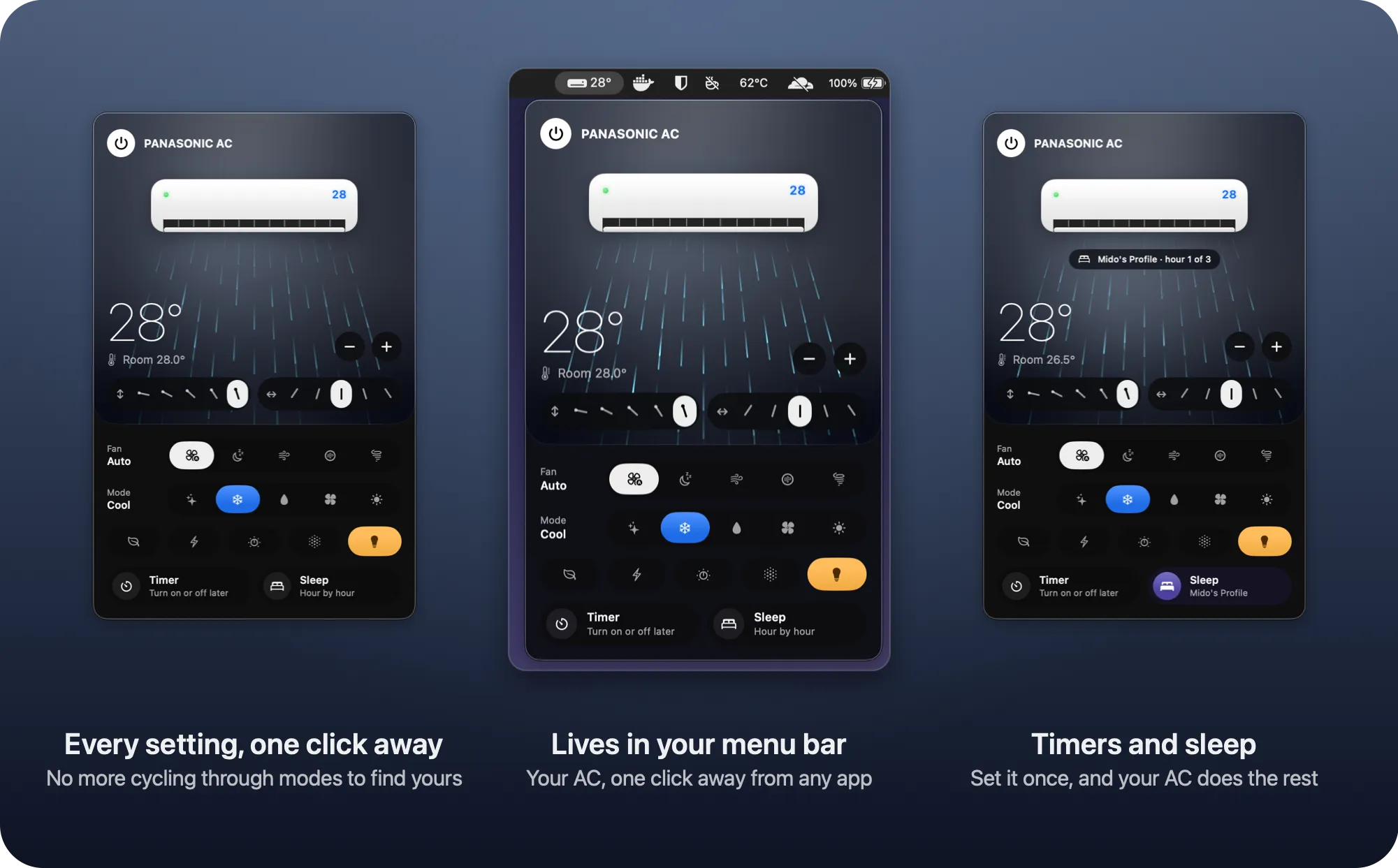 Three views of the Mac panel: Cool mode with every setting one click away, the panel open under the menu bar, and a sleep profile running, shown under the AC and on the Sleep button