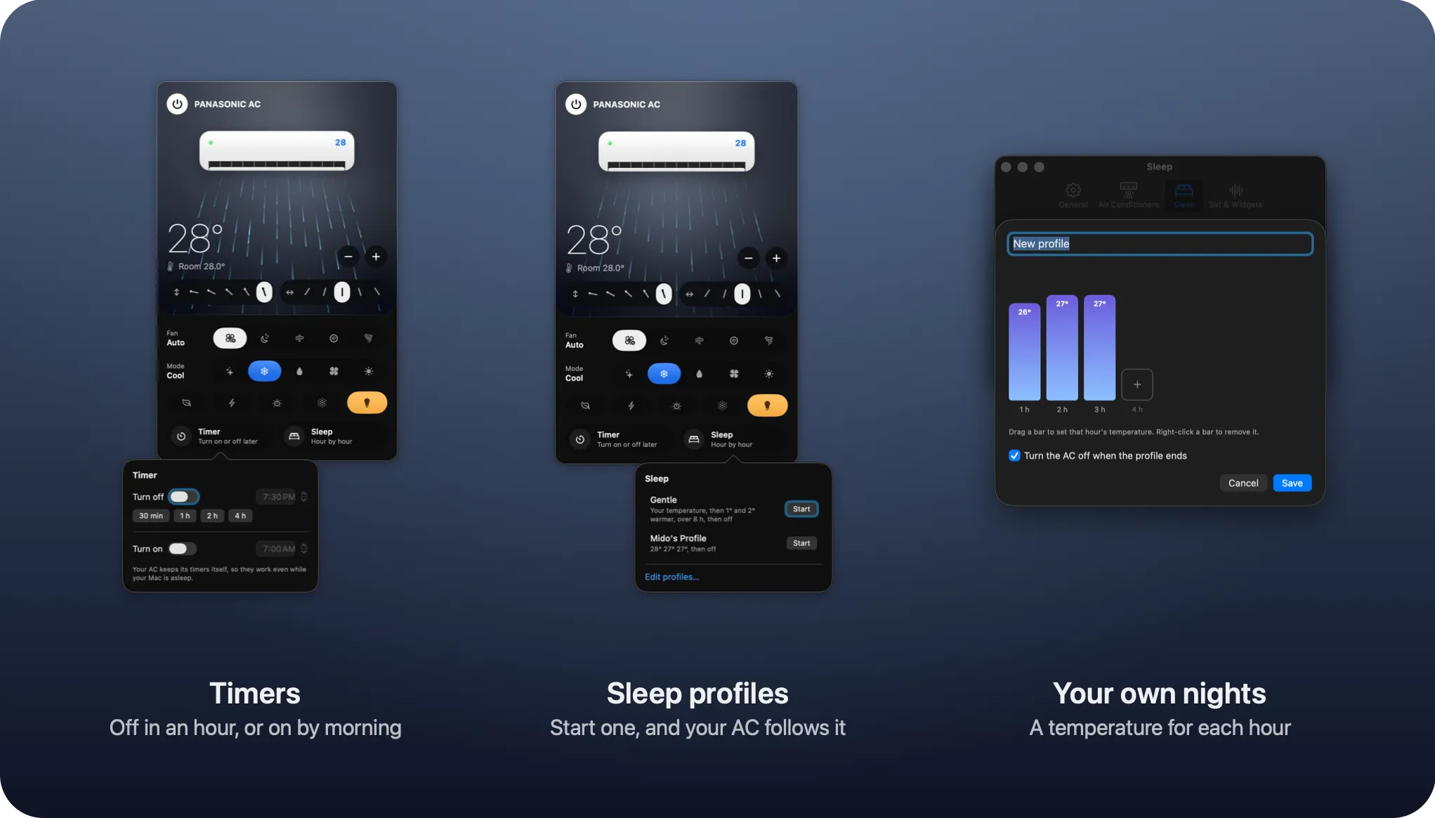Timers and sleep on the Mac: the Timer popover with Turn off and Turn on, the Sleep popover with Gentle and your own profiles, and the editor where you set a temperature for each hour